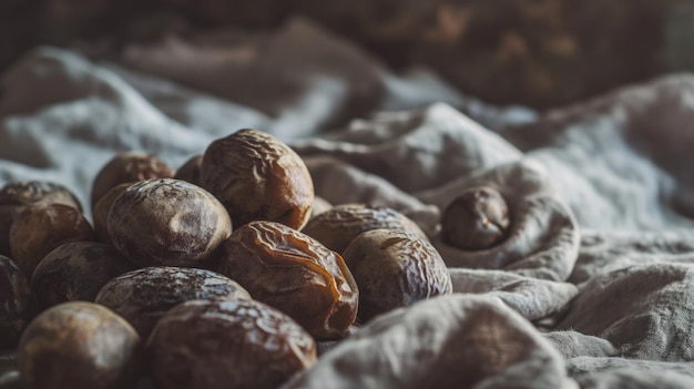 Des dattes fraîches et délicieuses sur un tissu.