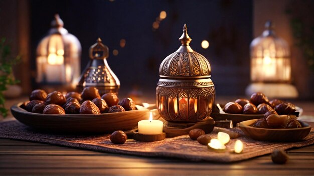 Des dattes d'iftar du Ramadan sur une table en bois