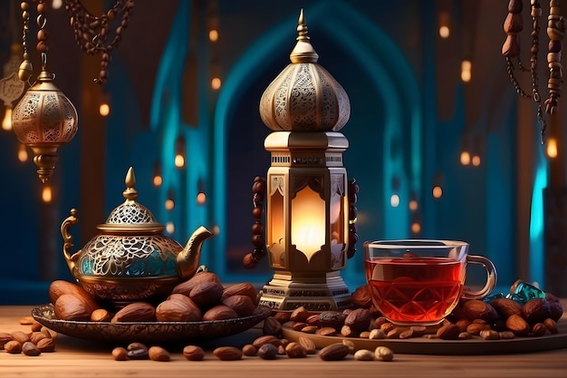 Des dattes à la lampe du Ramadan et une tasse de thé avec une bouilloire