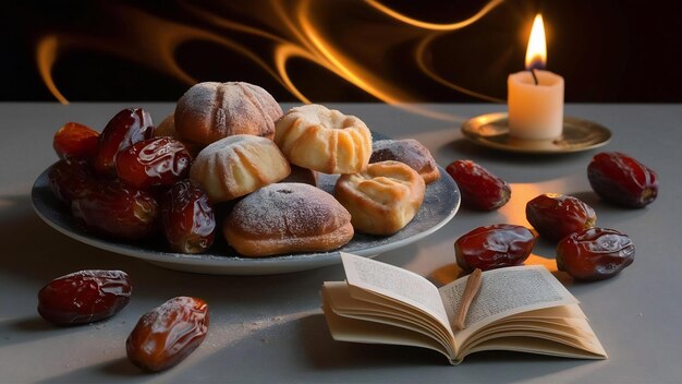 Des dattes et des pâtisseries près d'une bougie brûlante et d'un livre ouvert