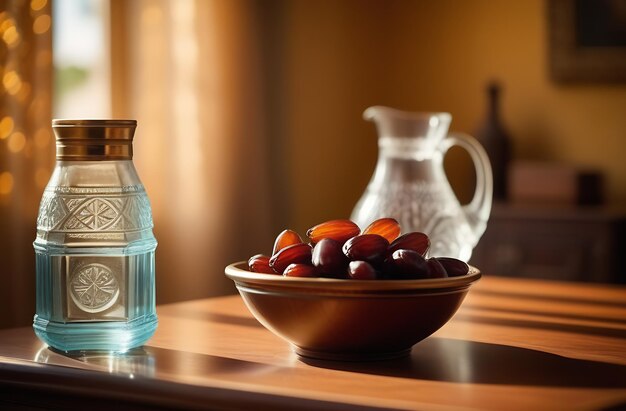 Des dattes séchées dans un bol avec une cruche d'eau sur la table.