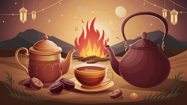 Des dattes en tasse de thé avec du thé près du feu dans le désert avec un beau fond Ramadan Kareem