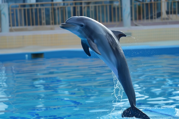 Un dauphin effectuant un saut dans une piscine dans un parc marin