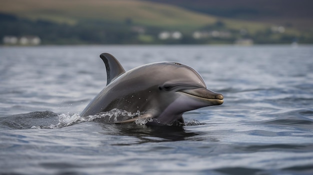 un dauphin avec une étiquette de poisson dans la bouche