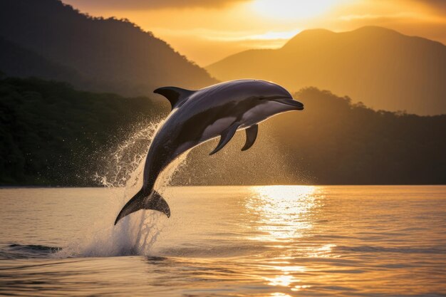 Photo un dauphin d'irrawaddy saute des eaux chaudes de la mer d'andaman