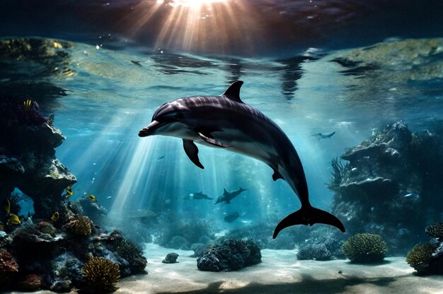 Photo dauphin mammifère delphinidae nageant dans les eaux sous-marines tropicales silhouette dauphin dans la nature sous-marine