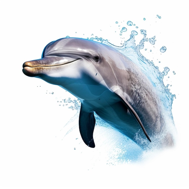 Un dauphin nage dans l'eau avec un fond bleu.