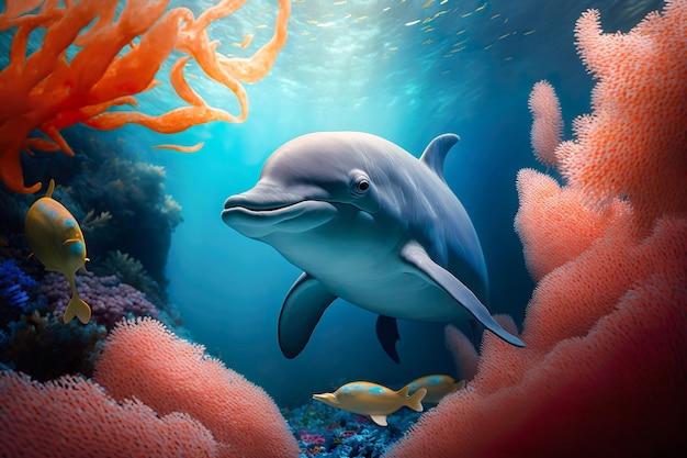 Dauphin nageant dans la mer sous-marine Beau corail coloré et sous-marin dans la nature sauvage de l'océan Pacifique Générer Ai