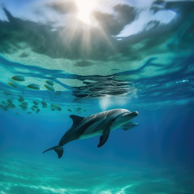 Un dauphin nageant sous l'eau avec le soleil qui brille dessus.