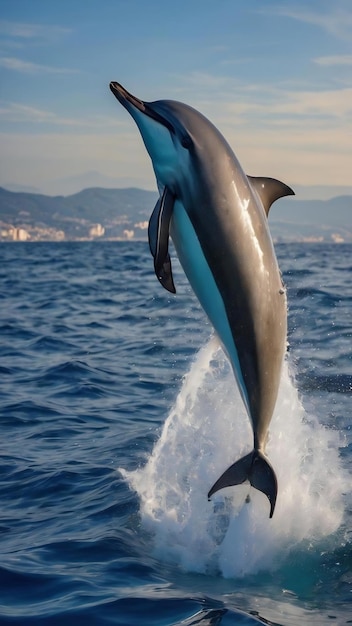 Un dauphin rayé sautant dans la mer bleue profonde près du port de Gênes, en Italie