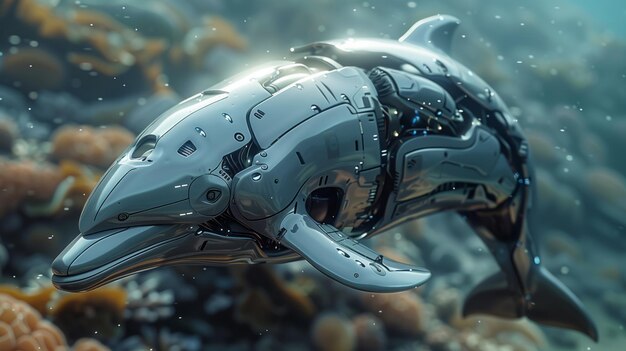 Photo le dauphin robotique nage dans l'océan le futur dauphin cybernétique ami des méduses du grand océan