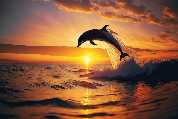 Photo dauphin sautant dans l'océan au coucher du soleil generative ai