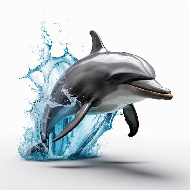 Un dauphin sautant de l'eau dans le style 3D d'un habitant de la mer sur un fond blanc