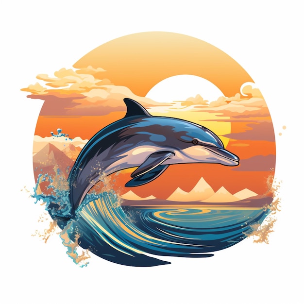 dauphin sautant hors de l'eau au coucher du soleil avec des montagnes en arrière-plan IA générative