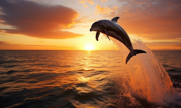 Un dauphin sautant hors de l'eau au coucher du soleil