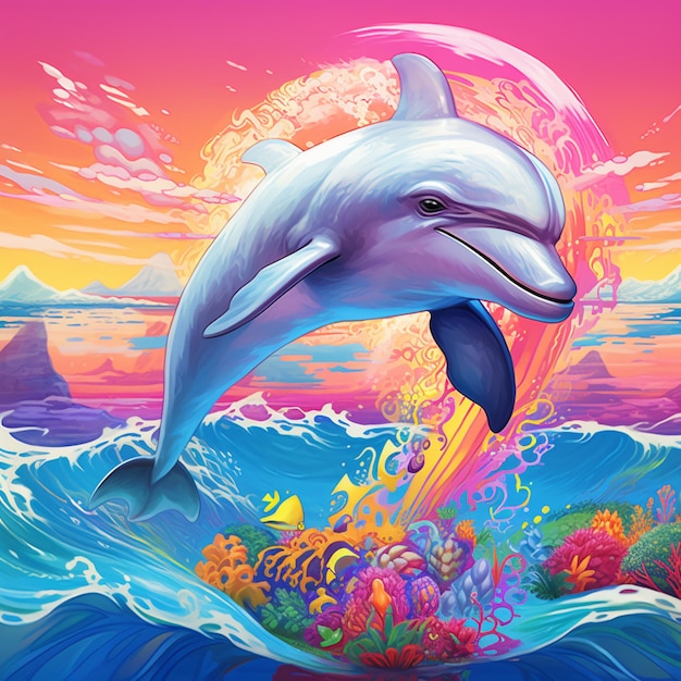 dauphin sautant hors de l'eau avec un coucher de soleil en arrière-plan IA générative