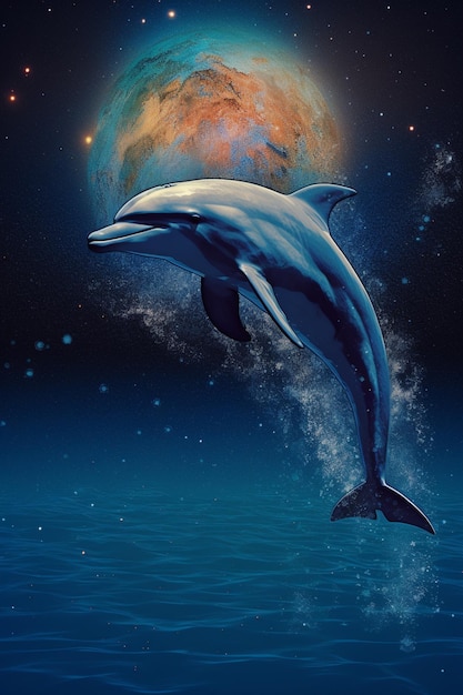 Un dauphin sautant hors de l'eau avec la planète mars en arrière-plan.