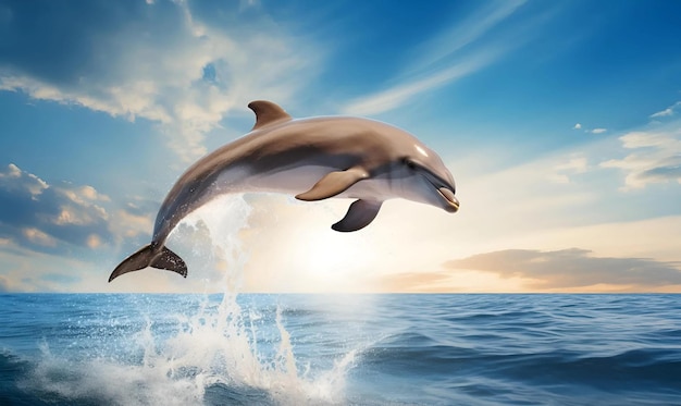 Photo le dauphin saute dans l'océan avec le ciel bleu.