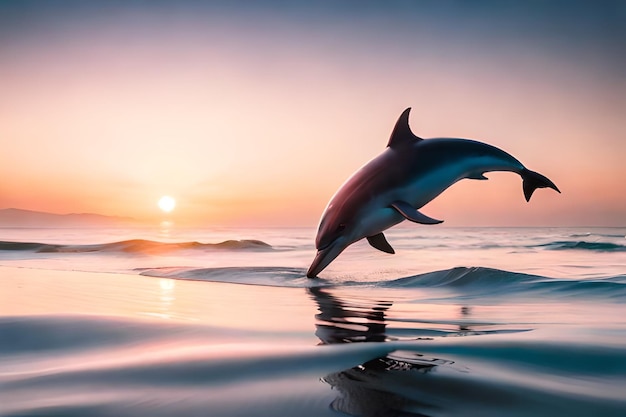 Photo un dauphin saute de l'eau au coucher du soleil.