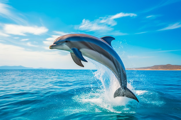 Un dauphin saute hors de l'eau Un dauphin nage dans la mer