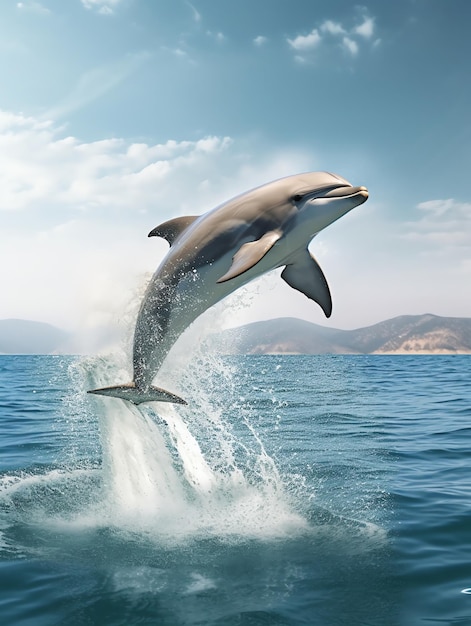 Un dauphin saute hors de l'eau devant un ciel bleu.