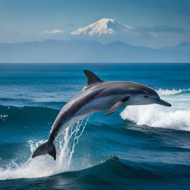 Un dauphin saute hors de l'eau devant une montagne.