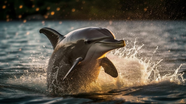 Un dauphin saute hors de l'eau avec le soleil qui brille sur l'eau