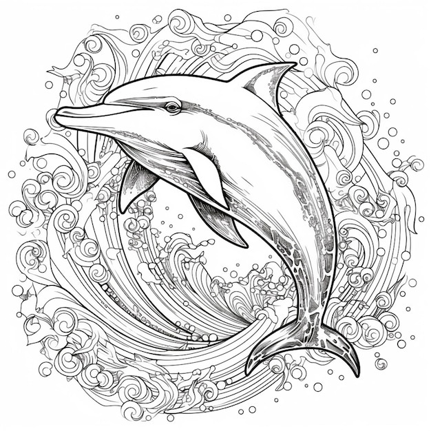 Photo un dauphin saute hors des vagues coloriage ia générative