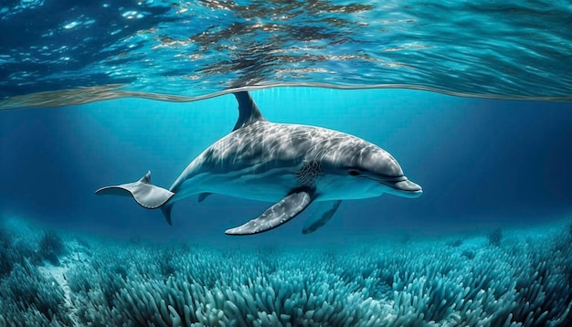 Dauphin sous l'eau sur fond d'océan bleu vous regardant ai génératif