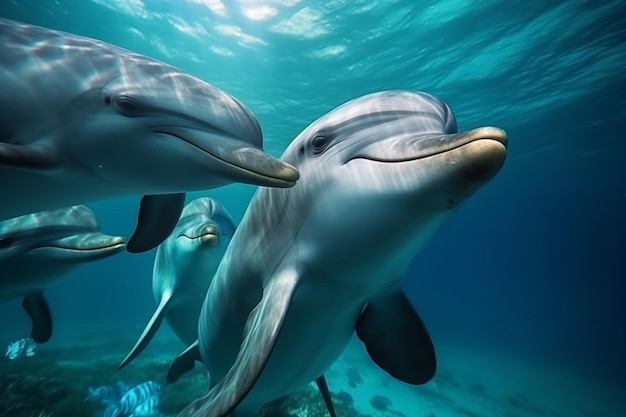 Dauphins dans l'océan avec un poisson dans la bouche