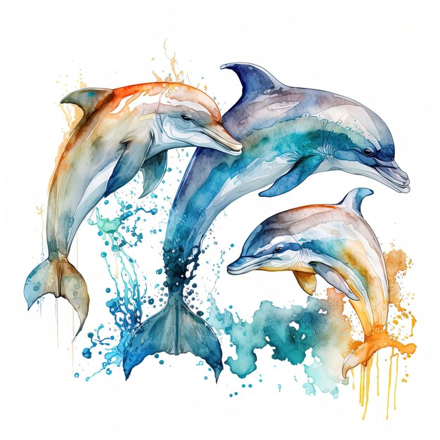 Photo dauphins dessinés à l'aquarelle isolés sur fond blanc générés par ai