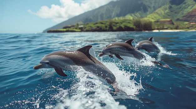 Des dauphins énergiques sur les vagues, l'océan hawaïen en toile de fond, la mer naturelle, le jeu libre, l'eau captivante, la danse, la journée lumineuse, l'IA générative.