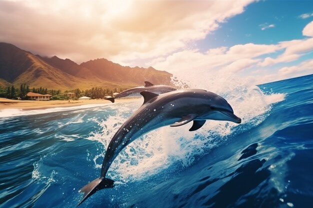 Dauphins espiègles générés par IA sautant par-dessus les vagues déferlantes Paysage de la faune de l'océan Pacifique d'Hawaï Animaux marins dans leur habitat naturel