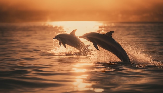 Photo dauphins espiègles sautant dans la mer au coucher du soleil générés par l'ia