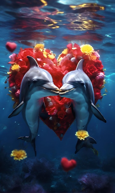 Des dauphins sur un fond de cœurs et de pétales de fleurs nagent en arrière-plan