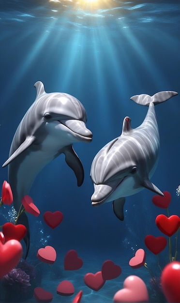 Des dauphins sur un fond de cœurs et de pétales de fleurs nagent en arrière-plan