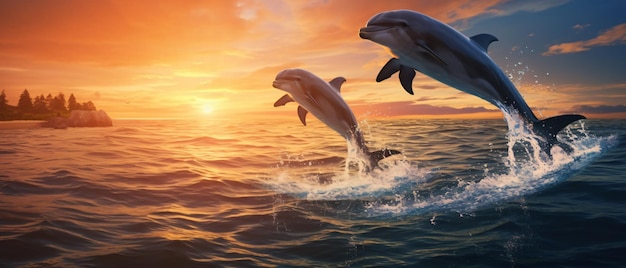 Photo dauphins sautant hors de l'affiche de l'eau avec espace de copie