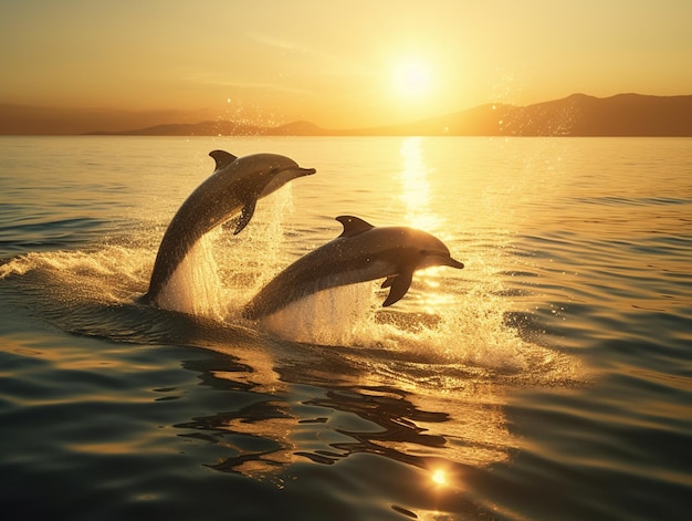 Photo dauphins sautant hors de l'eau au coucher du soleil