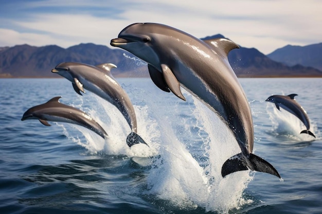 Des dauphins sautent dans l'eau avec des montagnes en arrière-plan.