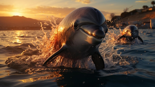 Photo les dauphins sautent de l'eau dans la mer au coucher du soleil.