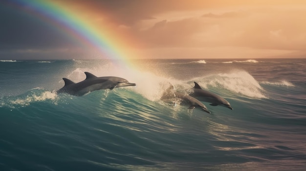 Photo des dauphins sautent sur les vagues avec un arc-en-ciel.