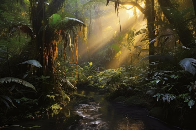 Photo dawns rayons dorés illuminant la forêt tropicale créée avec ai générative