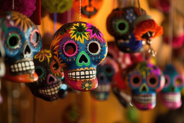 Day Of Dead Halloween mexicain traditionnel Dia De Los Muertos Holiday Party décoré de crânes colorés peints symbole de mort AI générative