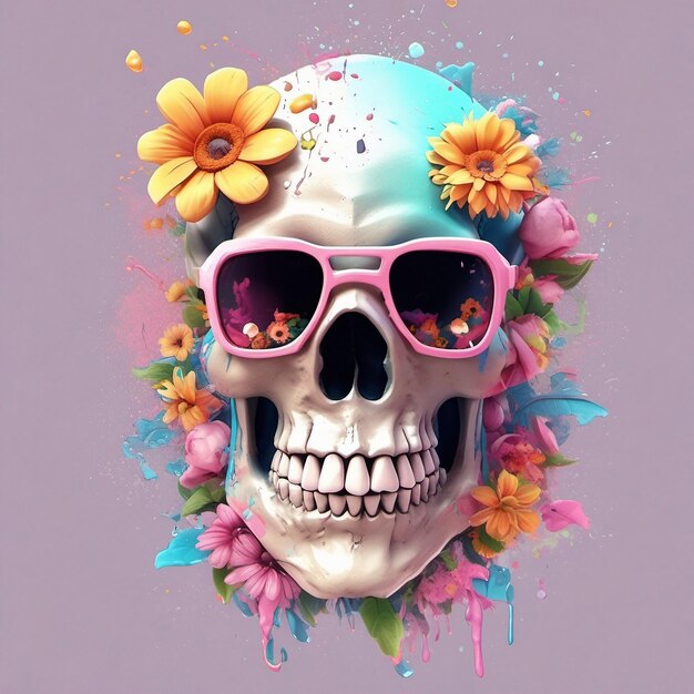 un Dead Skull portant des lunettes de soleil à la mode un design de t-shirt avec des fleurs et des éclaboussures