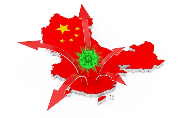 Deadly 2019 - Virus nCoV Wuhan Corona avec carte de la Chine et propagation des flèches de maladie sur fond blanc. Rendu 3D