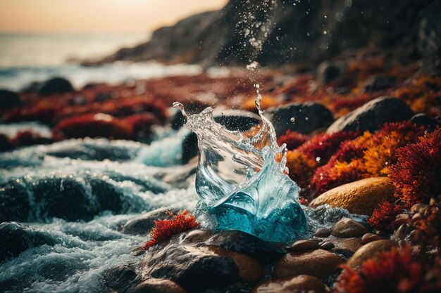 Photo débit d'eau et pulvérisation d'une pierre en gros plan