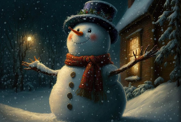 Debout au milieu d'un décor d'hiver et de Noël un joyeux bonhomme de neige