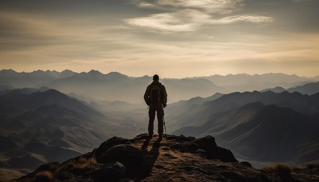 Debout au sommet d'une montagne, une personne réalise l'aventure et le succès générés par l'IA