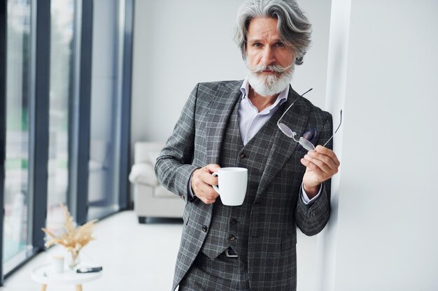 Debout dans la chambre Senior homme moderne et élégant aux cheveux gris et à la barbe à l'intérieur