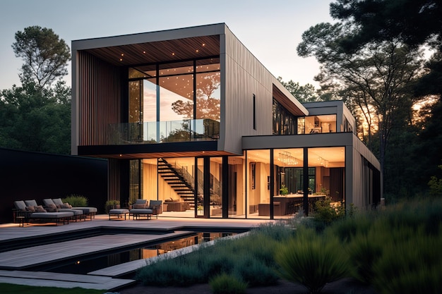 Photo en début de soirée d'une vaste maison moderne contemporaine en bois et béton
